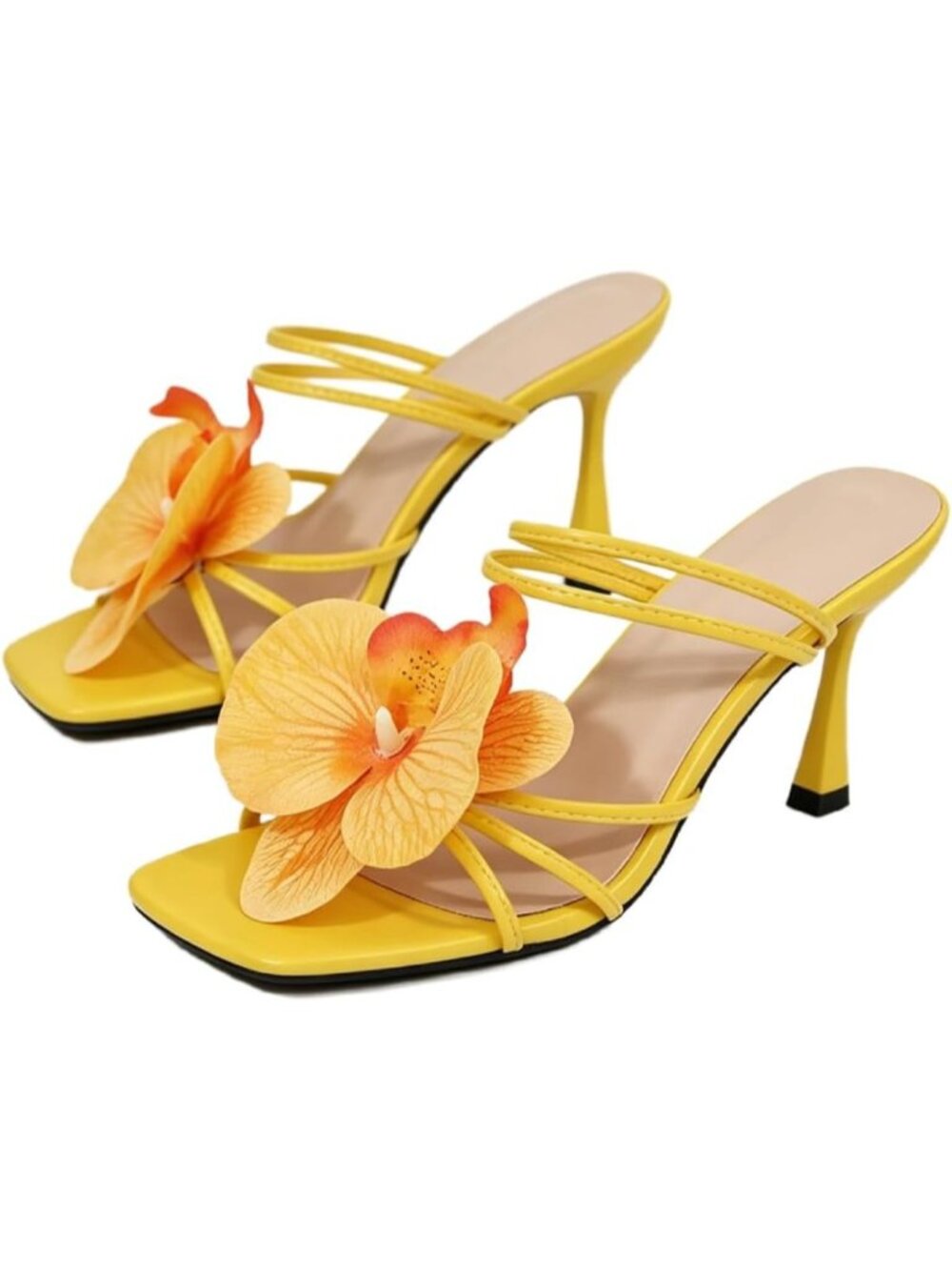 Women's Yellow Open Toe Floral Kitten Heels Flower Summer Beach Sandals Heel